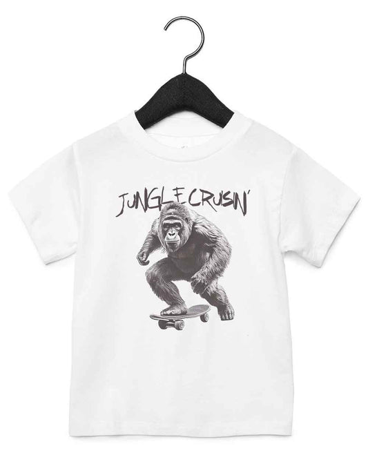 Toddler t-shirt featuring a funny illustrated animal design of a skateboarding gorilla – playful and cool kids tee with bold nature-inspired graphic, perfect for adventurous toddlers, unique kids gift or trendy preschool outfit.