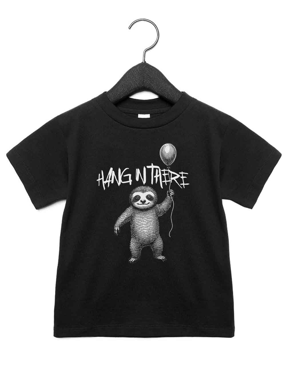 Toddler t-shirt featuring a funny illustrated animal design of an sloth holding a balloon – playful and cool kids tee with bold nature-inspired graphic, perfect for adventurous toddlers, unique kids gift or trendy preschool outfit.