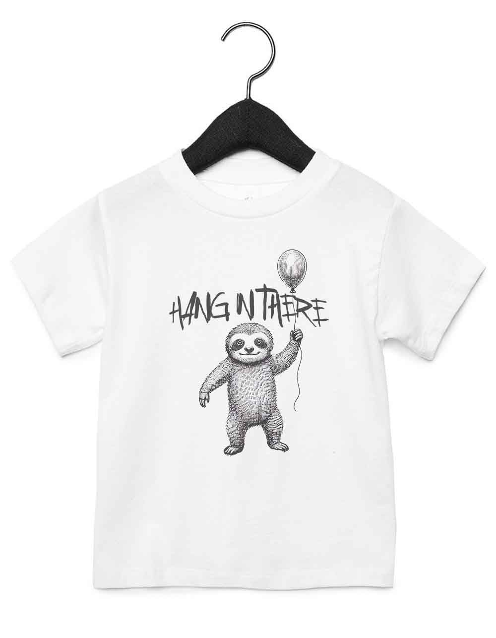 Toddler t-shirt featuring a funny illustrated animal design of an sloth holding a balloon – playful and cool kids tee with bold nature-inspired graphic, perfect for adventurous toddlers, unique kids gift or trendy preschool outfit.