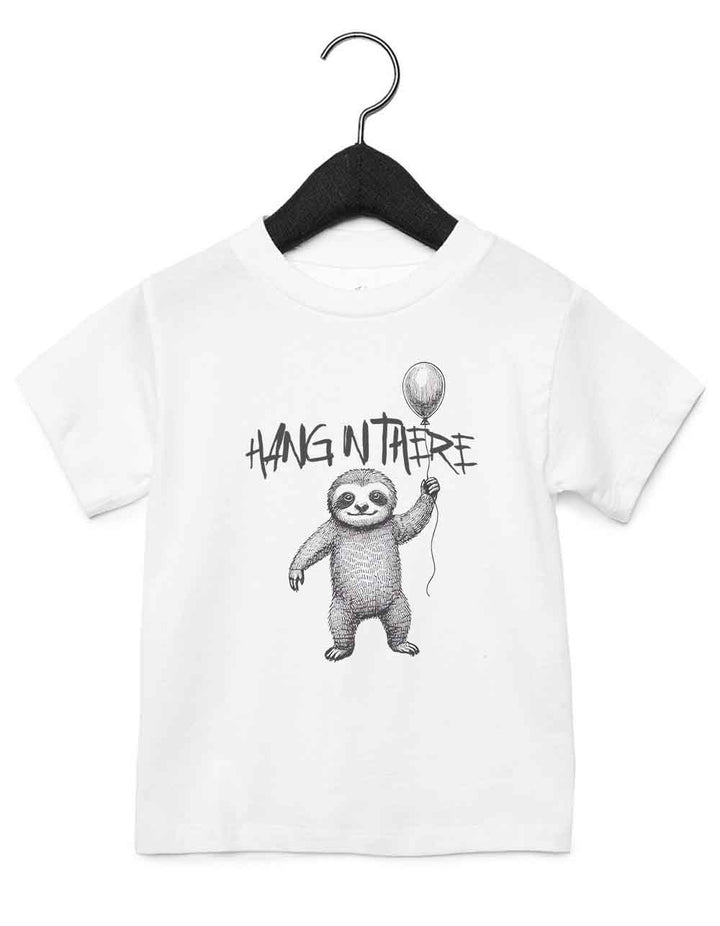 Toddler t-shirt featuring a funny illustrated animal design of an sloth holding a balloon – playful and cool kids tee with bold nature-inspired graphic, perfect for adventurous toddlers, unique kids gift or trendy preschool outfit.