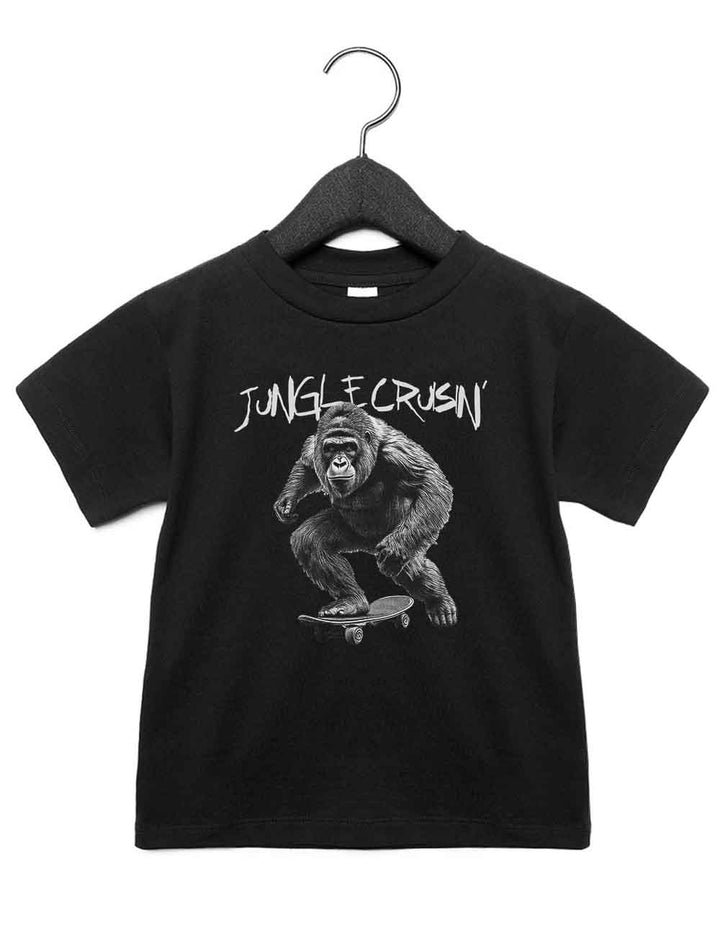 Toddler t-shirt featuring a funny illustrated animal design of a skateboarding gorilla – playful and cool kids tee with bold nature-inspired graphic, perfect for adventurous toddlers, unique kids gift or trendy preschool outfit.