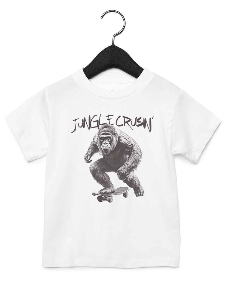 Toddler t-shirt featuring a funny illustrated animal design of a skateboarding gorilla – playful and cool kids tee with bold nature-inspired graphic, perfect for adventurous toddlers, unique kids gift or trendy preschool outfit.