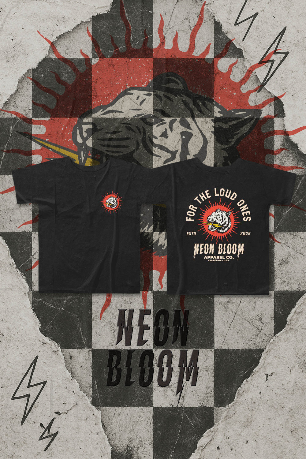 Black t-shirts with 'Neon Bloom' branding on a textured background with abstract designs.