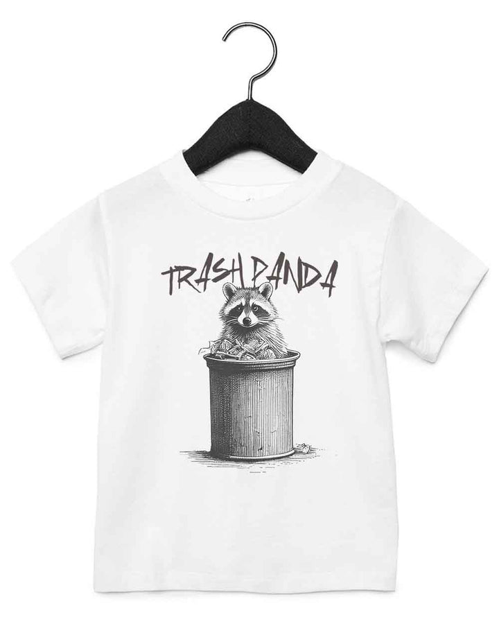 Toddler t-shirt featuring a funny illustrated animal design of a raccoon peaking out of a trashcan - Trash Panda – playful and cool kids tee with bold nature-inspired graphic, perfect for adventurous toddlers, unique kids gift or trendy preschool outfit.
