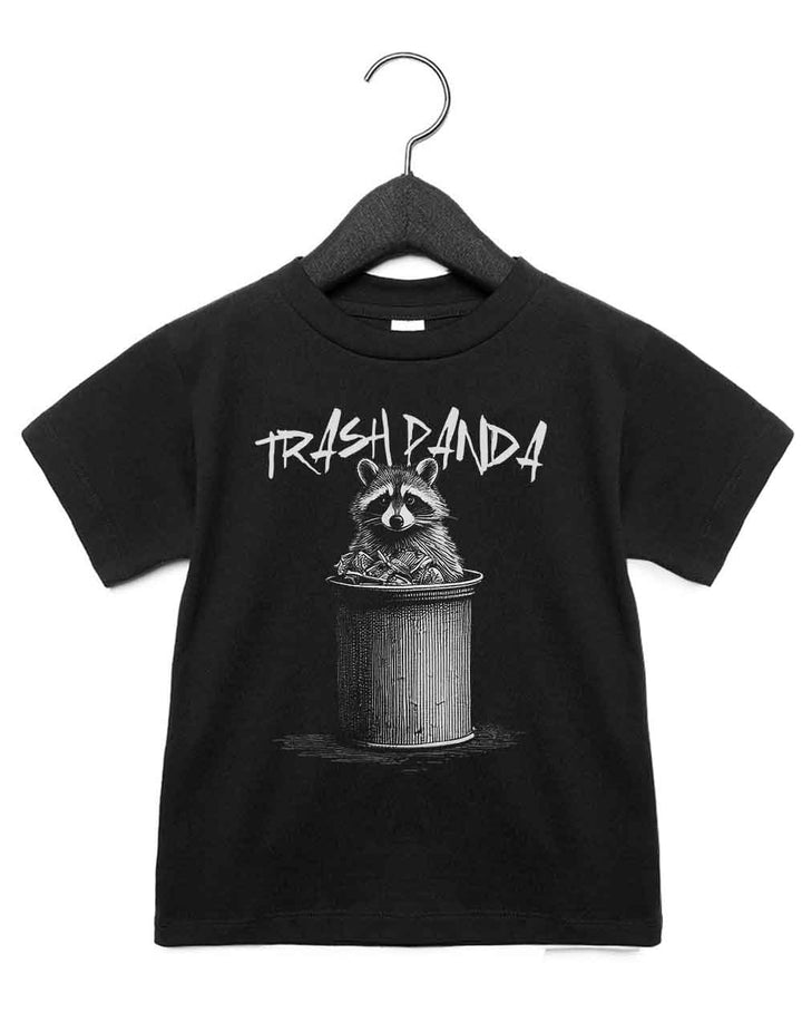 Toddler t-shirt featuring a funny illustrated animal design of a raccoon peaking out of a trashcan - Trash Panda – playful and cool kids tee with bold nature-inspired graphic, perfect for adventurous toddlers, unique kids gift or trendy preschool outfit.