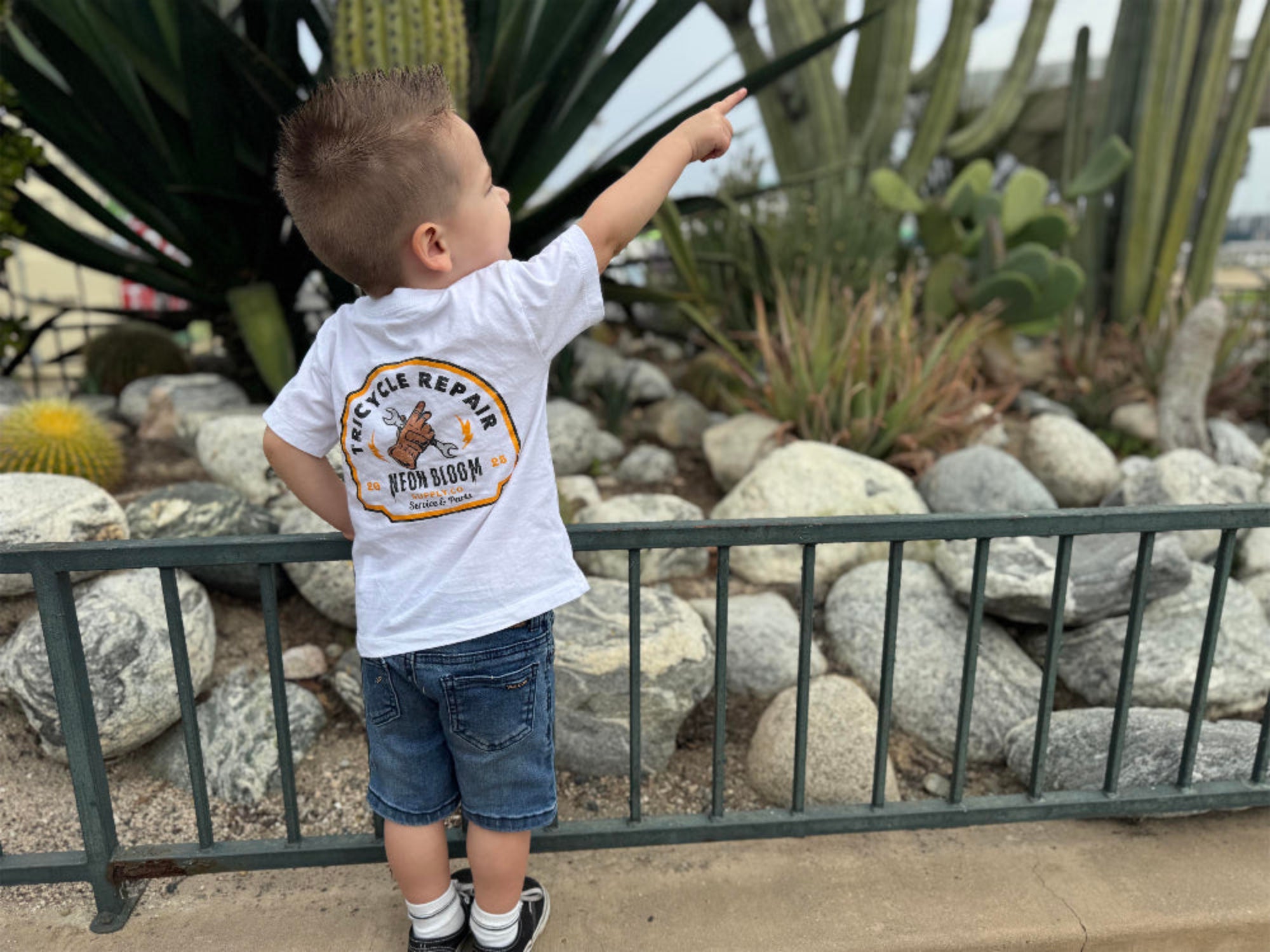 Child wearing a white t-shirt with graphics and text, standing in front of cacti and rocks.